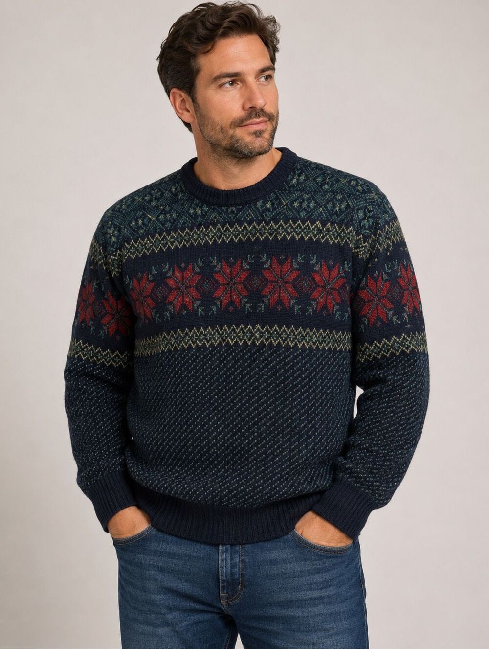 VTG LL Bean Norway Fair Isle Snowflake Wool Sweater Ireland Men’s Large
